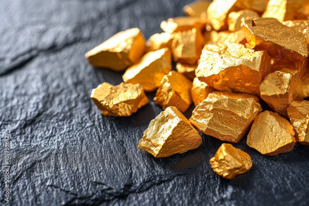 Golden gems arranged on dark stone surface, perfect for text or inscriptions above Golden gems arranged on dark stone surface, perfect for text or inscriptions above