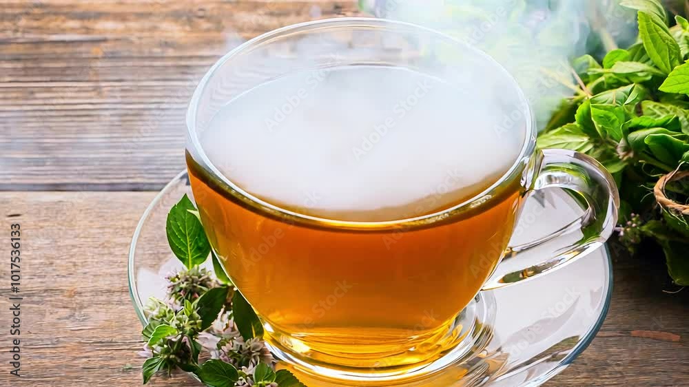 Refreshing cup of herbal tea with fresh mint and blossoms on rustic wooden table Refreshing cup of herbal tea with fresh mint and blossoms on rustic wooden table