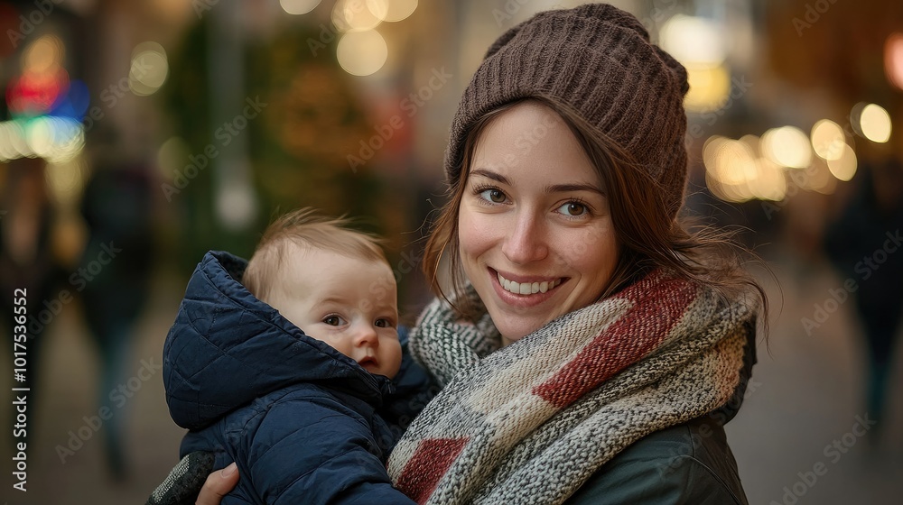 Happy smiling mother with baby girl in carrier walking through city Happy smiling mother with baby girl in carrier walking through city