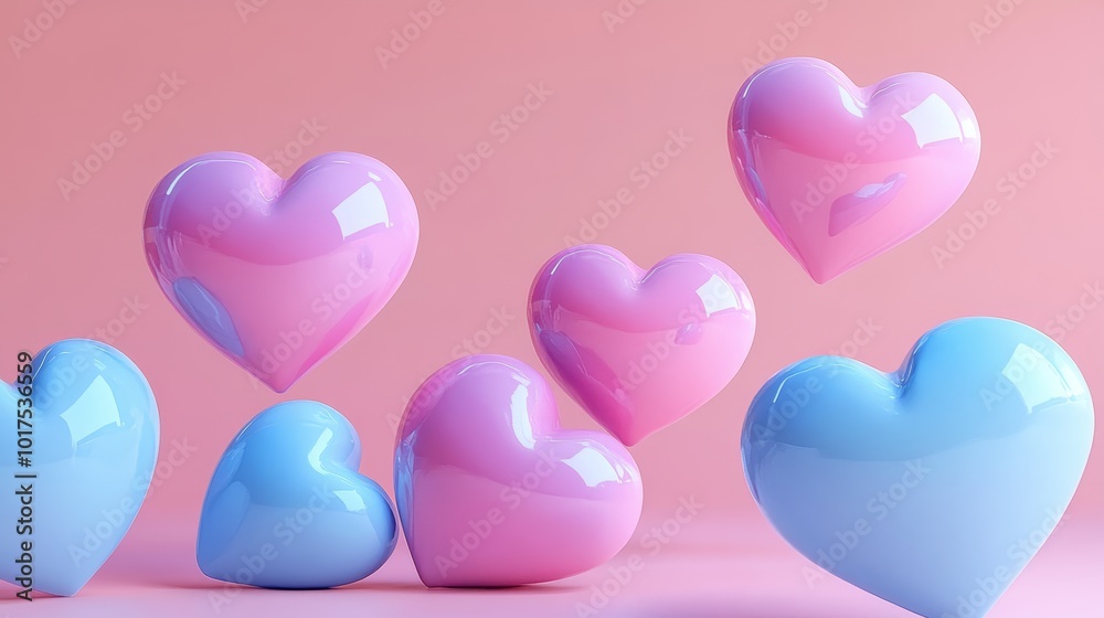 Pink and blue hearts 3d rendering illustration