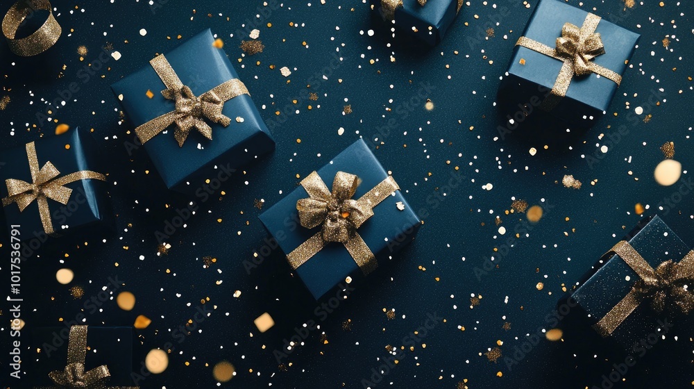 Chic blue and gold Christmas gift boxes with sparkling confetti scattered on a navy blue background, adorned with abstract shapes. Chic blue and gold Christmas gift boxes with sparkling confetti scattered on a navy blue background, adorned with abstract shapes.