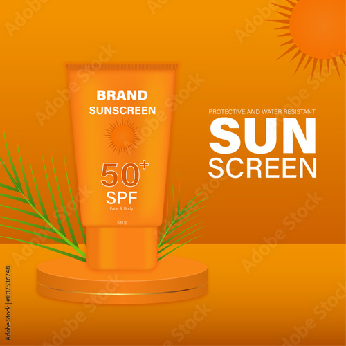 Sunscreen tube on podium with leaves vector illustration, beauty cosmetics promotion template design, sunblock ad banner.