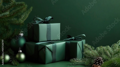 Chic green gift boxes wrapped in ribbons, paired with pine branches on a vibrant green background for a modern Christmas design.