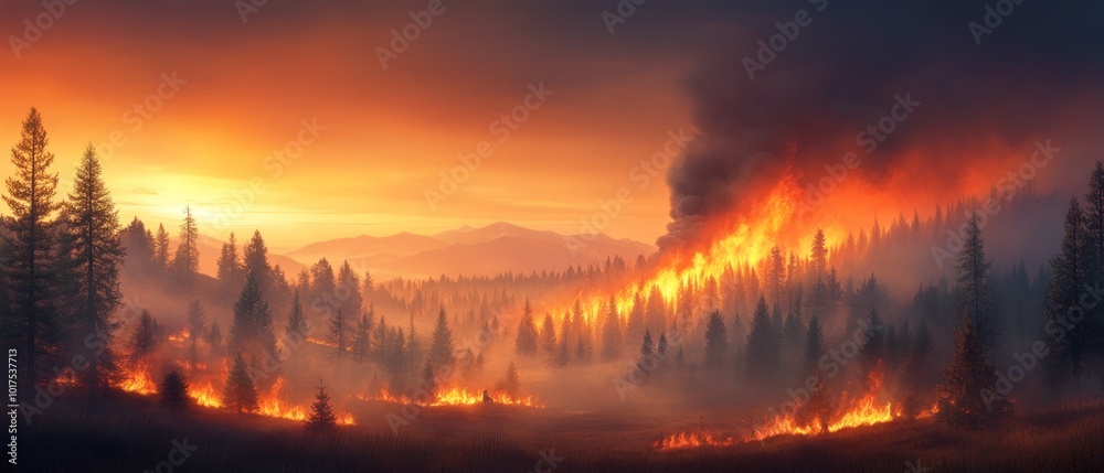 Obraz premium A burning tree silhouetted against a fiery sky, illustrating the destructive impact of wildfires on nature and the environment.