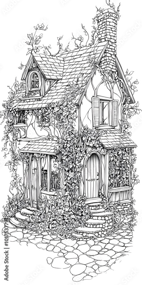 Fototapeta premium A charming cottage nestled in lush greenery, with a stone pathway leading up to the front door.