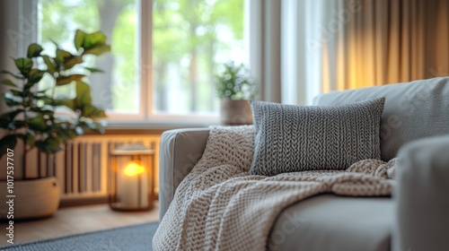 A cozy living room scene with a sofa, decorative pillow, blanket, and plants by the window.