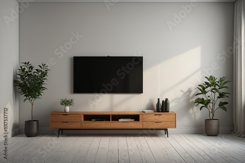 there is a tv on a wall in a room with a plant