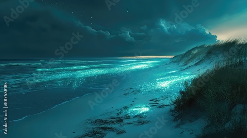 A serene beach where the sand glows softly, illuminated by bioluminescent creatures scurrying across the surface.