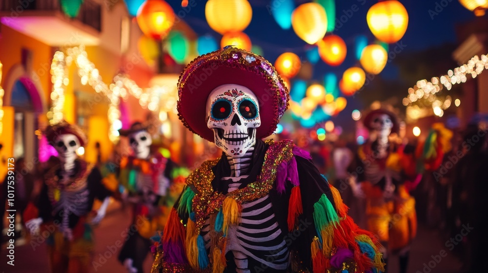 A colorful Day of the Dead parade with participants wearing skeleton costumes and vibrant makeup A colorful Day of the Dead parade with participants wearing skeleton costumes and vibrant makeup
