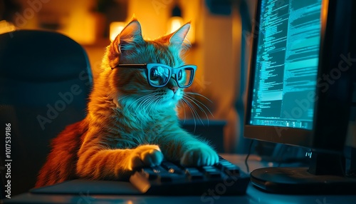 Hacker cat humorously depicted as engaging in cyber scams from a dim room. photo