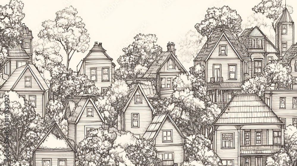 Obraz premium A Detailed Ink Drawing of Houses in a Lush Forest