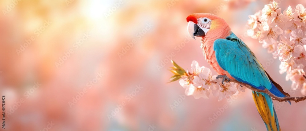 Fototapeta premium A parrot perches on a branch against a backdrop of a beautiful forest. 