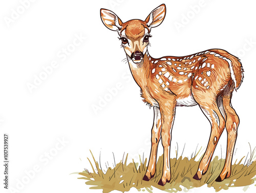 white background, Fawn standing in a forest clearing - isolate on a forest clearing background., very simple and isolate in the style of animated illustrations with drawings in pencil easy art