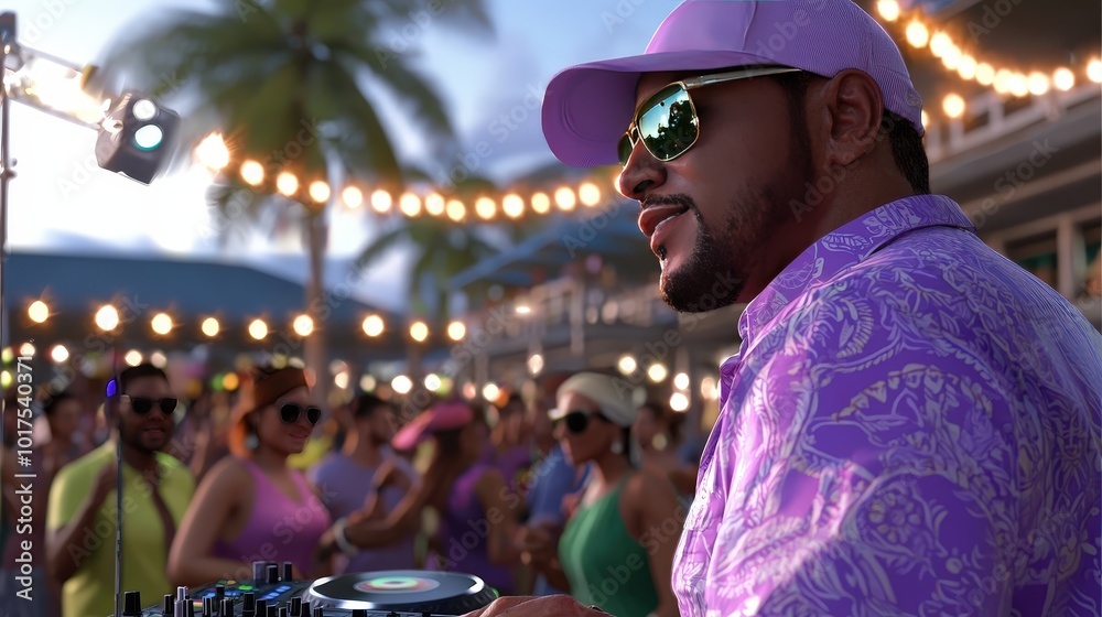 Obraz premium DJ Mixing Music at Outdoor Party with Festive Lights