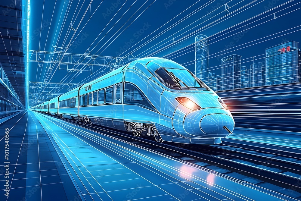 Naklejka premium A sleek, modern high-speed train speeds through a futuristic cityscape, leaving a trail of blue lines in its wake.