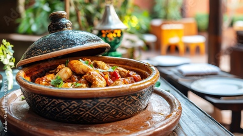 Moroccan tagine served chicken meat tajine local traditional dish recipe with ingredients learn how to cook cooking class book school in marrakech morocco photo