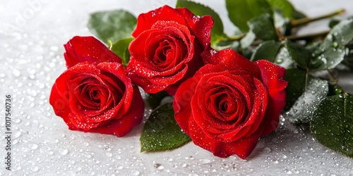 Closeup of Red Roses with Dew Drops photo