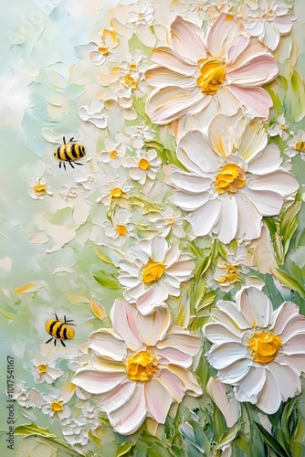 A vibrant painting of white daisies with yellow centers and two busy bees in a field of green.