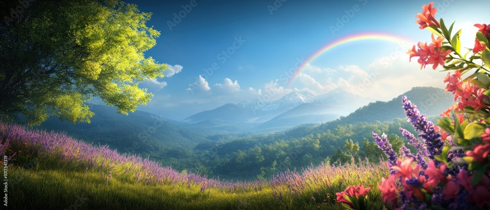 Naklejka premium Rainbow arching over a field of flower field.