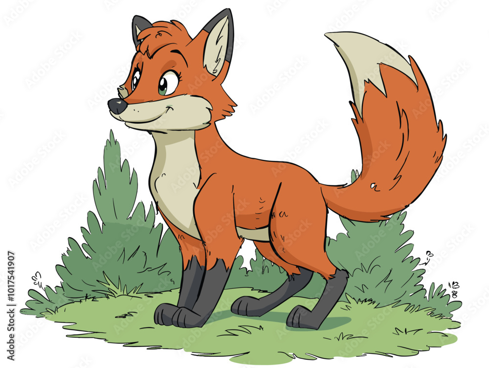 white background, Fox with a bushy tail - isolate on a forest background., very simple and isolate in the style of animated illustrations with drawings in pencil easy, white background