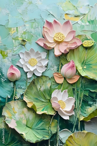 A vibrant painting of delicate lotus flowers in various stages of bloom, showcasing the beauty of nature.