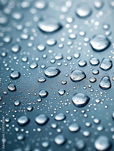 A macro shot of water droplets scattered on a smooth surface. The droplets shimmer with a subtle blue hue.