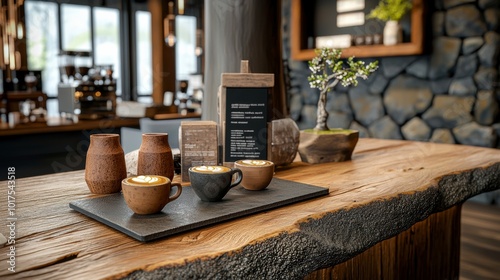 A cozy coffee setup featuring rustic pottery cups on a natural wood table, creating a warm and inviting atmosphere.