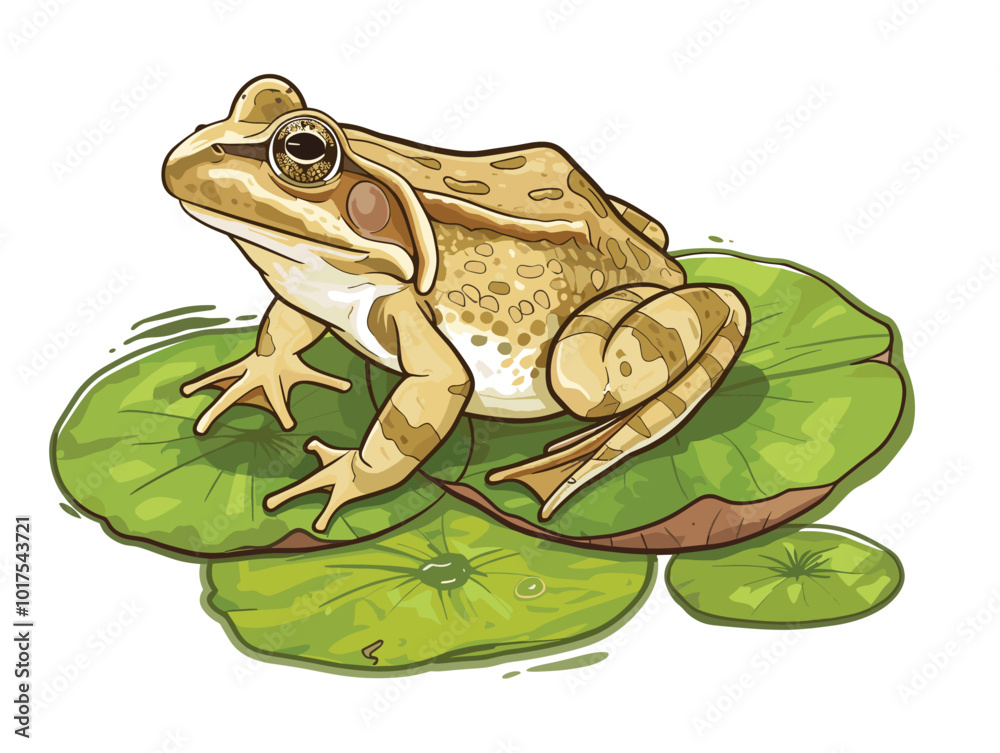 white background, Frog perched on a lily pad in a pond - isolate on a pond with lily pads background., very simple and isolate in the style of animated illustrations with drawings in pencil art