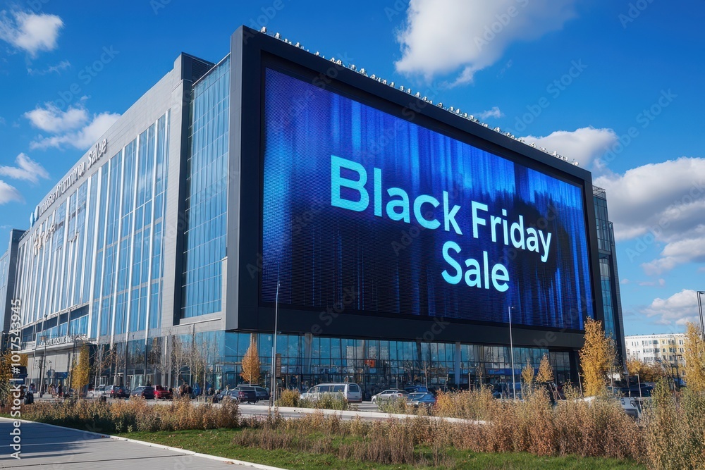 Obraz premium Digital Billboard with Sale Info: A giant digital billboard outside a store, displaying a 