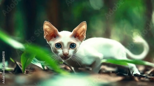 Curious White Cat Explores a Lush Forest Environment