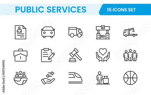 Set of outline Public Services icons. Minimalist thin linear web icon set. Line icons related to public utilities. Gas, electricity, water, heating.