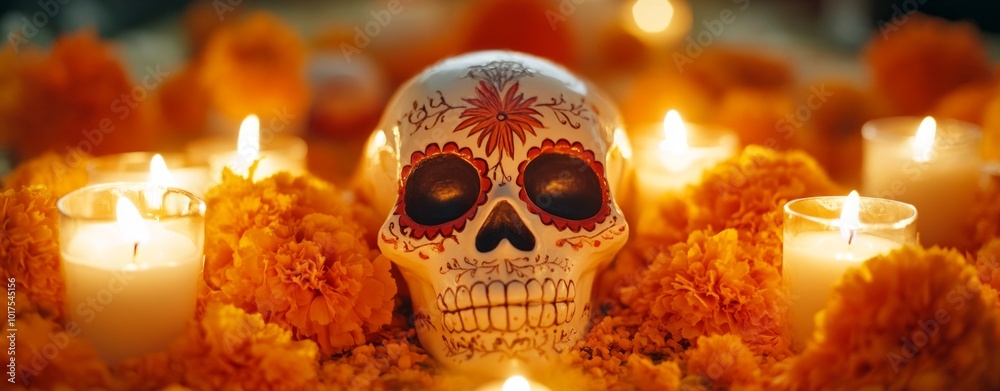 Close-up of a sugar skull surrounded by candles and marigold flowers on an ofrenda, Close-up of a sugar skull surrounded by candles and marigold flowers on an ofrenda,