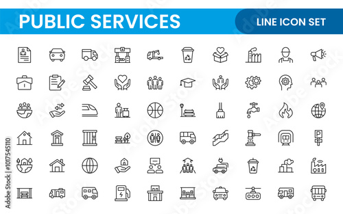 Set of outline Public Services icons. Minimalist thin linear web icon set. Line icons related to public utilities. Gas, electricity, water, heating.