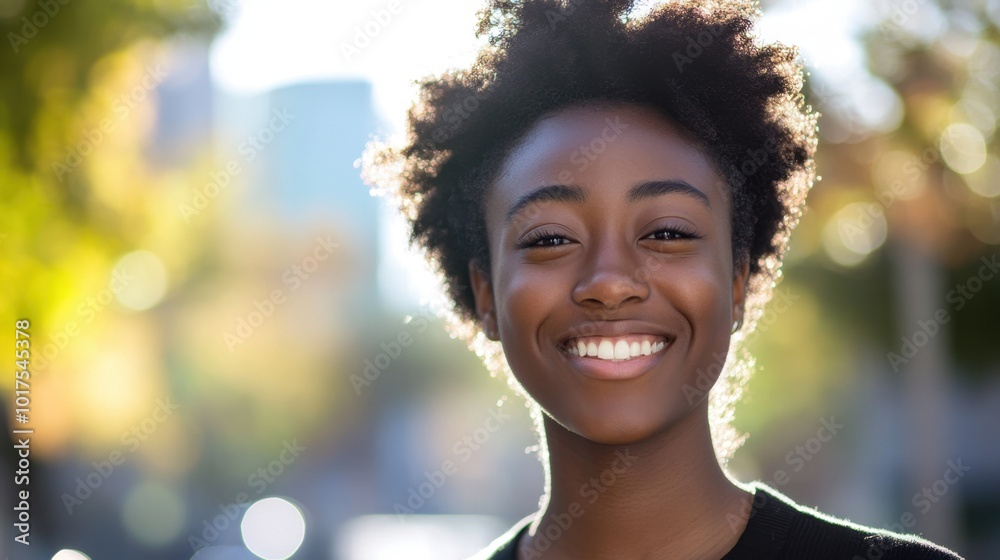 Close-up portrait of a person standing in an urban outdoor setting with bright sunlight illuminating their smiling face Close-up portrait of a person standing in an urban outdoor setting with bright sunlight illuminating their smiling face