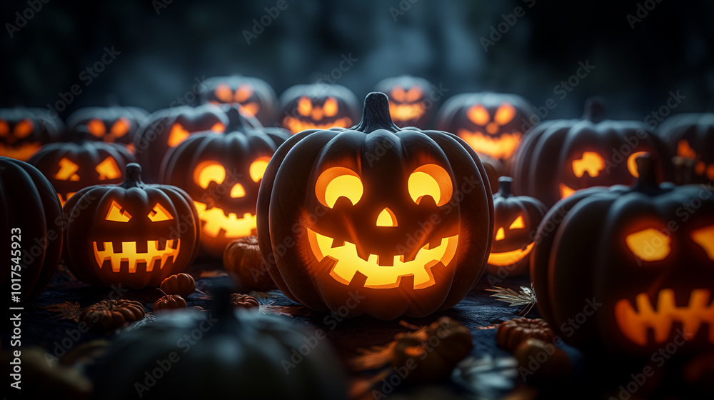 Fototapeta premium Illuminated carved pumpkins with different evil faces in darkness at Halloween night