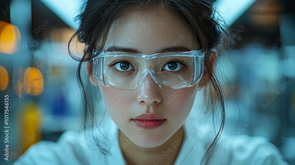 A focused young woman in lab attire and safety goggles, engaged in scientific work. A focused young woman in lab attire and safety goggles, engaged in scientific work.