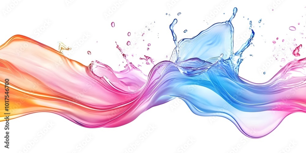 Blue, pink and orange liquid splash wave with fluid droplets isolated on a white background, generative ai Blue, pink and orange liquid splash wave with fluid droplets isolated on a white background, generative ai