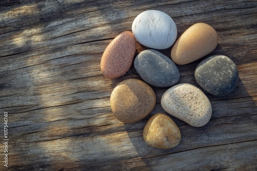 A collection of smooth pebbles, placed in a circular formation on a weathered wood surface, with soft natural shadows.