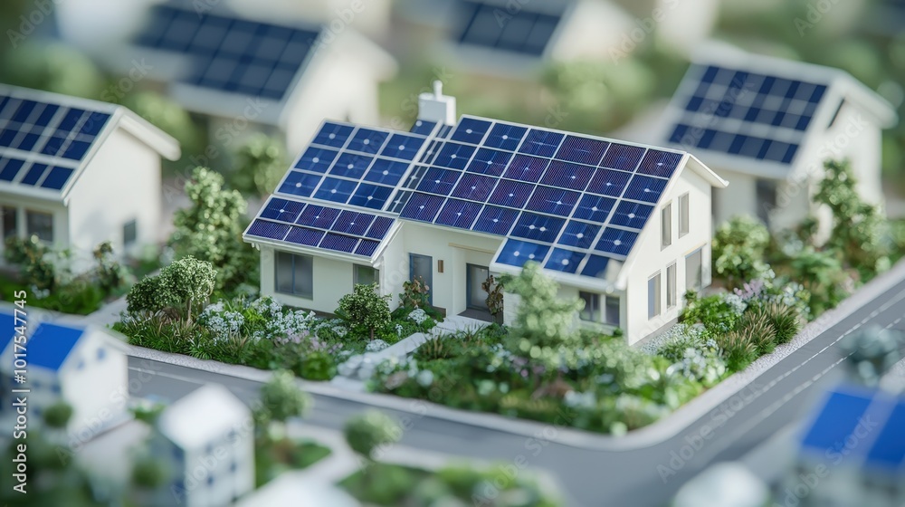 Fototapeta premium Sustainable Eco Friendly Neighborhood with Solar Panels on Homes
