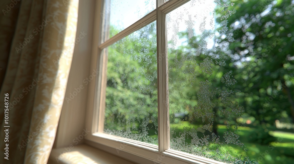 Window View with Raindrops and Green Trees in a Cabin Interior Window View with Raindrops and Green Trees in a Cabin Interior