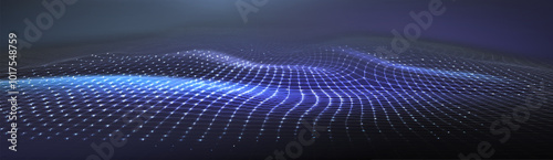 Abstract neon glow blue and purple wireframe 3d wave or mountain map for new retro wave background. Realistic vector futuristic cyber bg with grid topography landscape and wavy geometric surface.