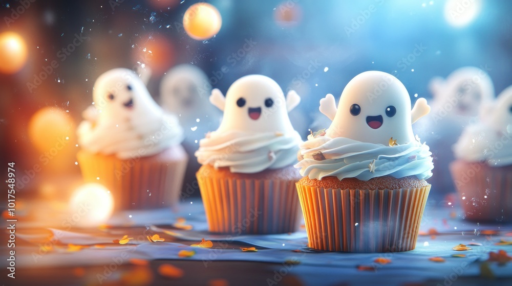 Whimsical ghost cupcakes with playful decorations for a festive celebration. Whimsical ghost cupcakes with playful decorations for a festive celebration.
