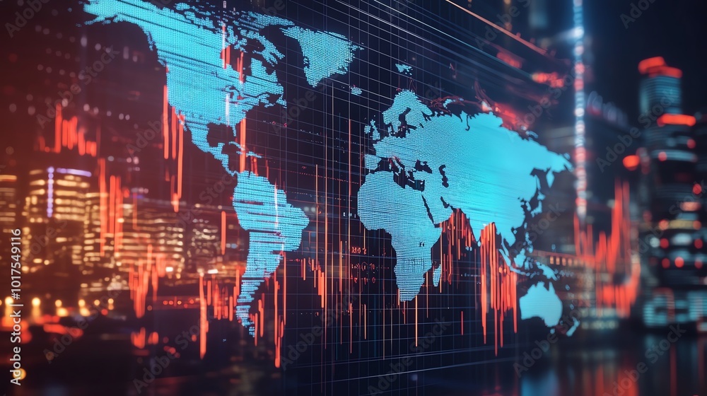 Obraz premium Abstract world map with digital data visualization overlaid, representing global finance and technology trends.