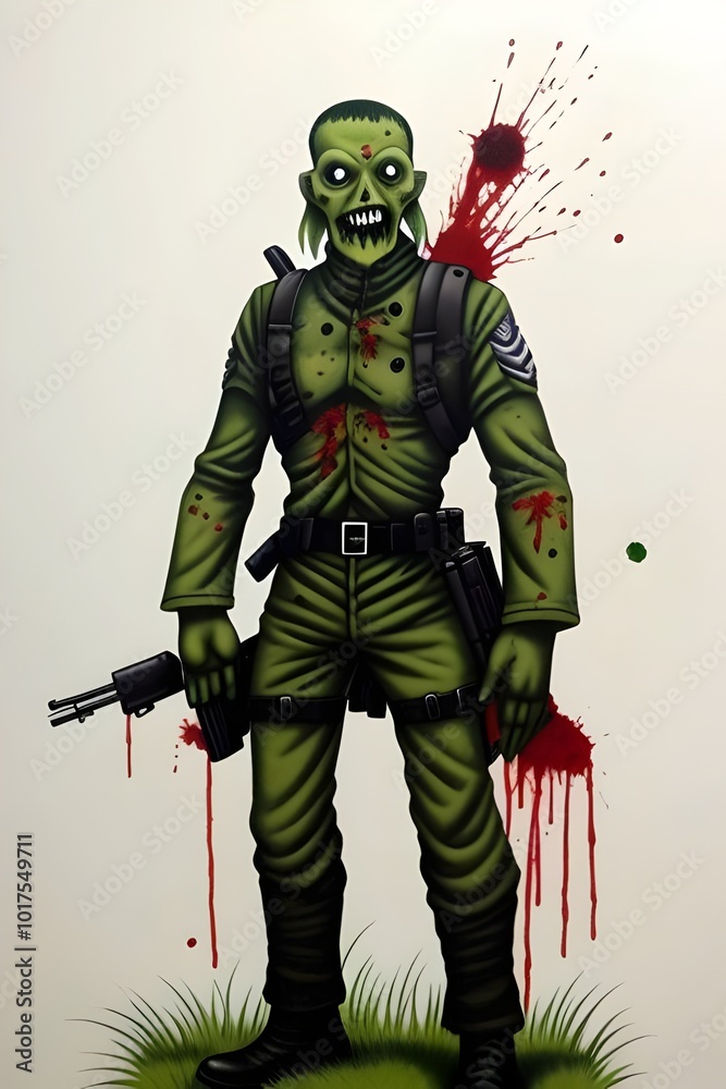Fototapeta premium cartoon art depicting a green zombie soldier with blood splatter, halloween, evil, war, battle, apocalypse, fighter, undead, gore, weapon, combat, monster, survival, chaos, horror, grotesque, carnage