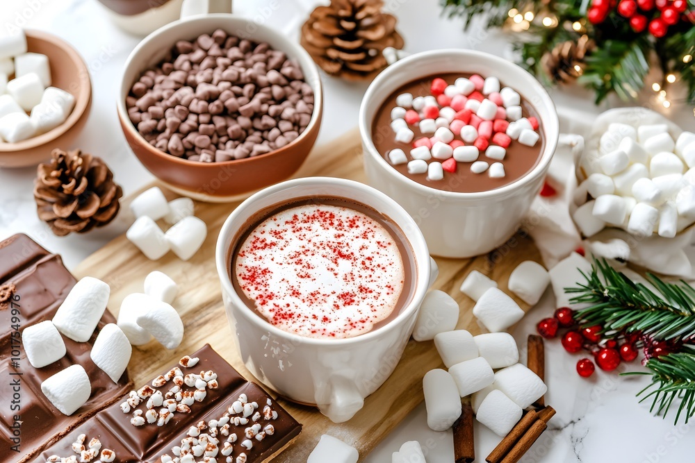 A cozy arrangement of hot chocolate with marshmallows, surrounded by chocolate bars, pine cones, and festive decorations. A cozy arrangement of hot chocolate with marshmallows, surrounded by chocolate bars, pine cones, and festive decorations.