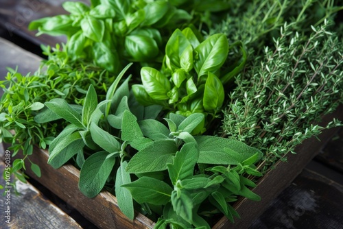 Fresh Herbs in Wooden Box: Sage, Basil, Thyme photo