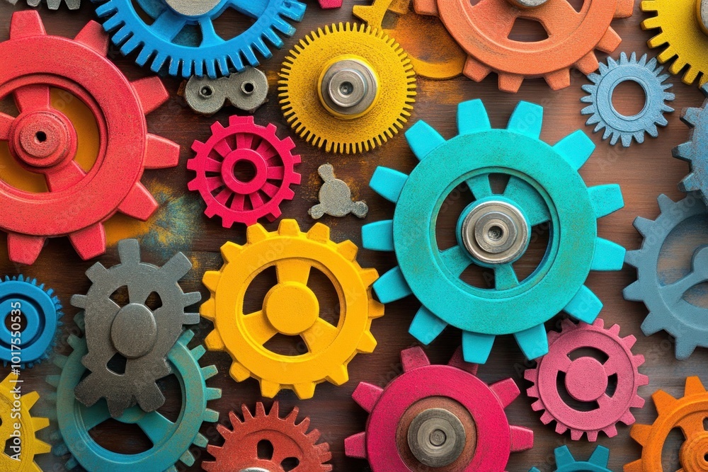 A collection of colorful gears interlocked, symbolizing the collaboration needed in managing ideas.