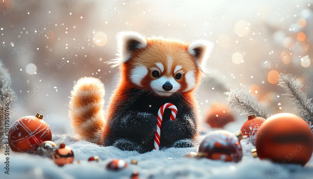 Obraz premium A cute red panda enjoys a candy cane amidst festive decorations and snowflakes, creating a charming winter scene.