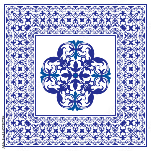 Blue white tiles pattern, lace pattern vector for ceramic tile. Big tile in center is framed. Background with portuguese azulejo, mexican talavera, spanish, delft, italian motif. Mediterranean ceramic