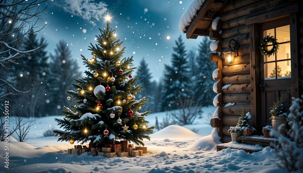 Winter landscape background. New Year background, wallpaper. Decorated New Year tree with balls and sparkling garland. Christmas and celebration Winter landscape background. New Year background, wallpaper. Decorated New Year tree with balls and sparkling garland. Christmas and celebration